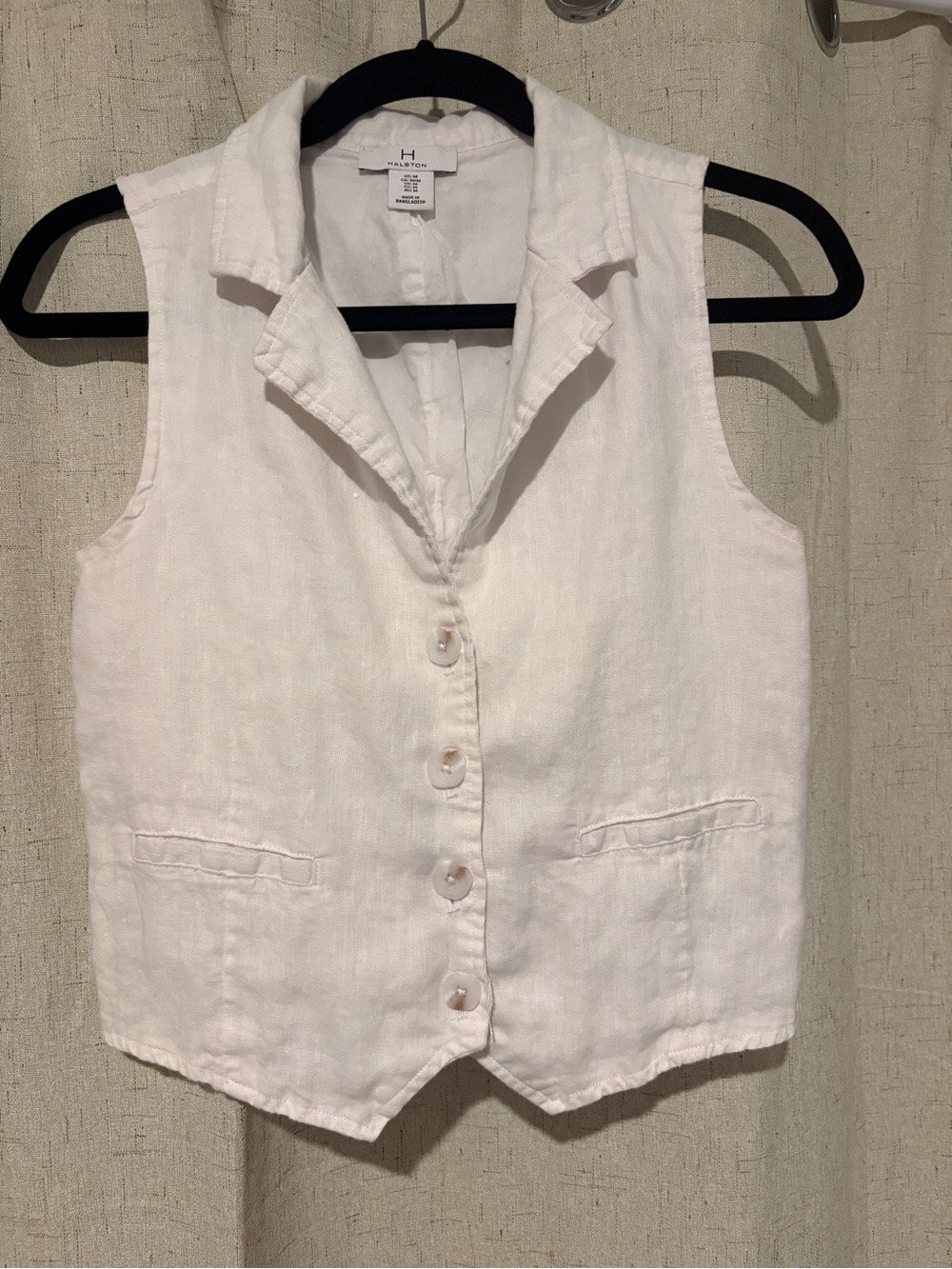 H by Halston White Linen Sleeveless Button-Front Vest
